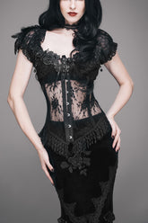 Corset Gothique Fleur en Coton à Dentelle Transparente Noire avec Plumes et Baleines pour Femme